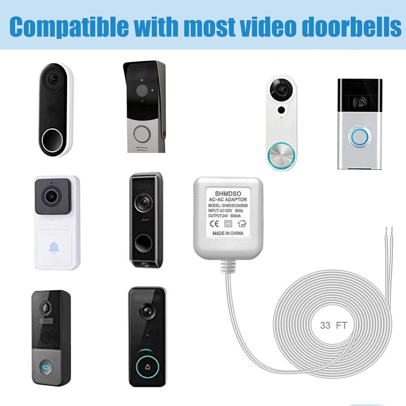 SHMDSO 24V Doorbell Transformer，33 Feet Length Output Line 24V500mA Video Doorbell Power Adapter, Compatible with Arlo, Nest, Wyze, Eufy, Ring Doorbell Power Supply （White 33 feet） - Image 4
